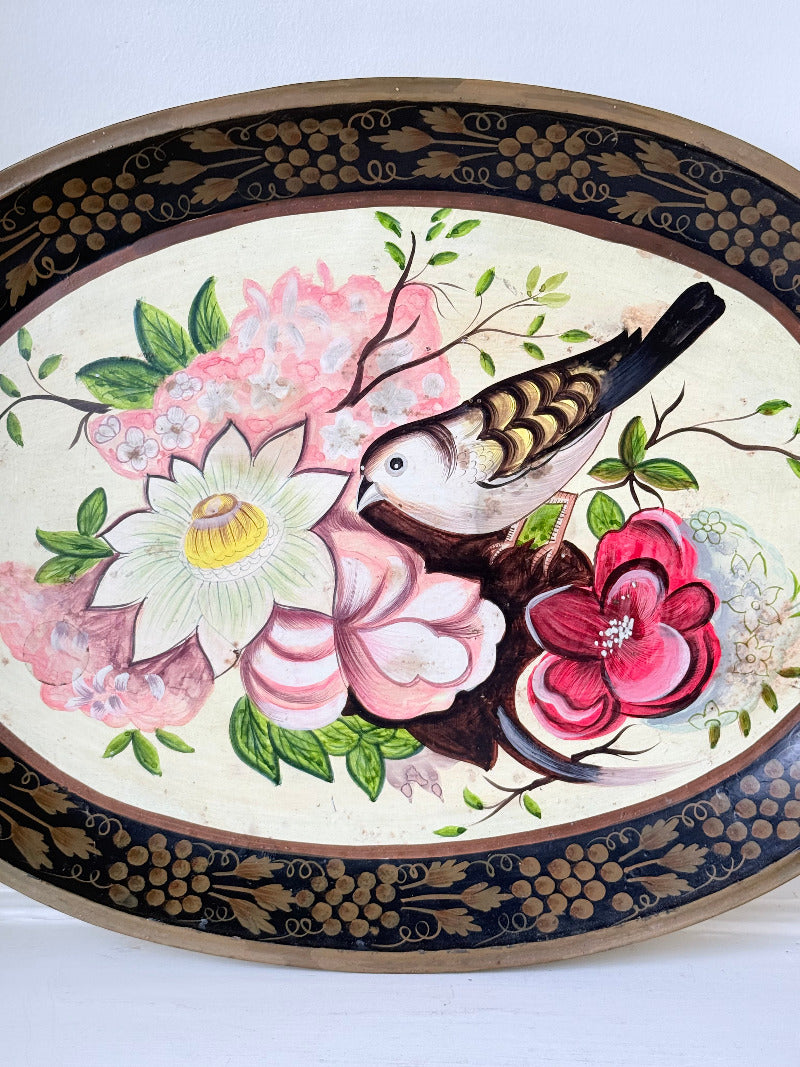 vintage hand painted metal tray with bold floral design in pink, red, white and gold border