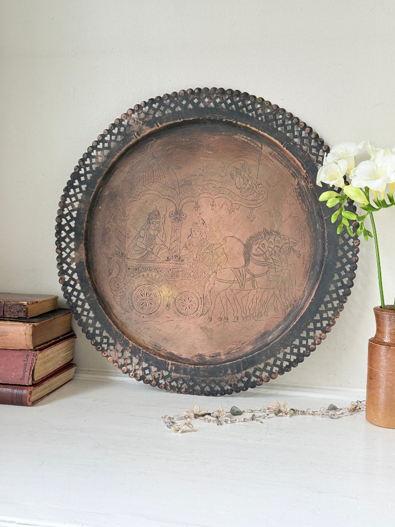 Antique copper tray with pierced gallery rim, figurative horse drawn chariot engraving and two tone aged patina