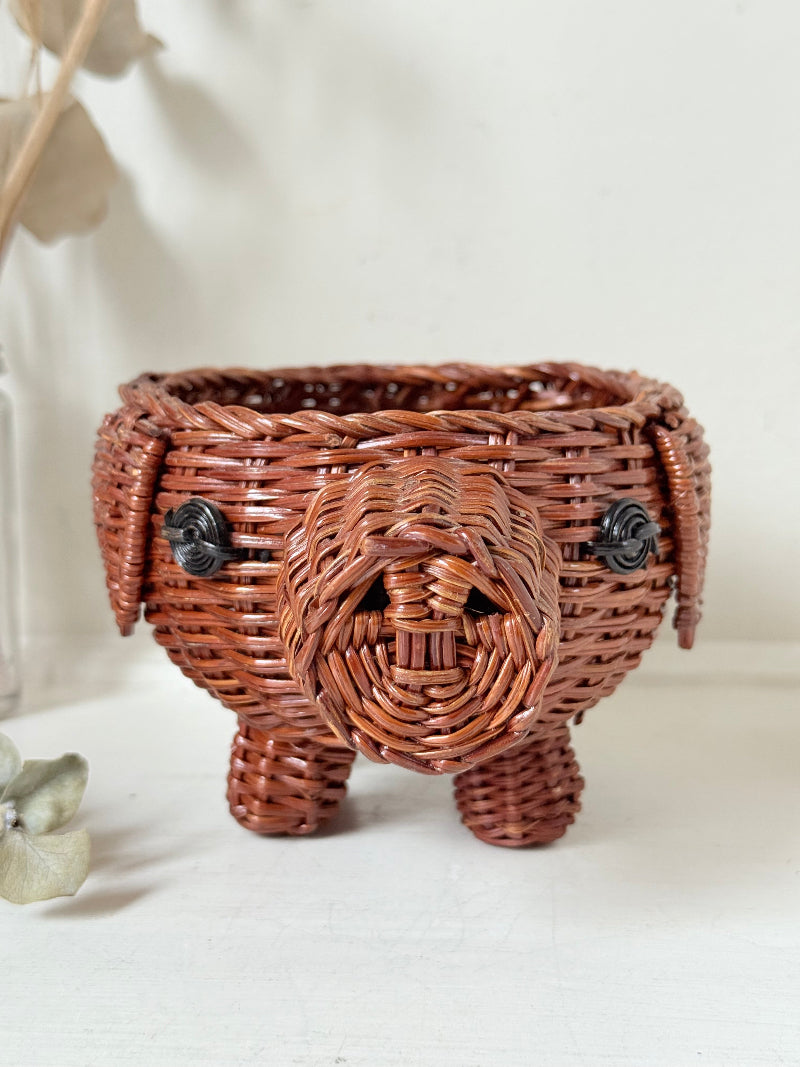 Vintage wicker pig basket planter in warm brown, photographed on a white surface