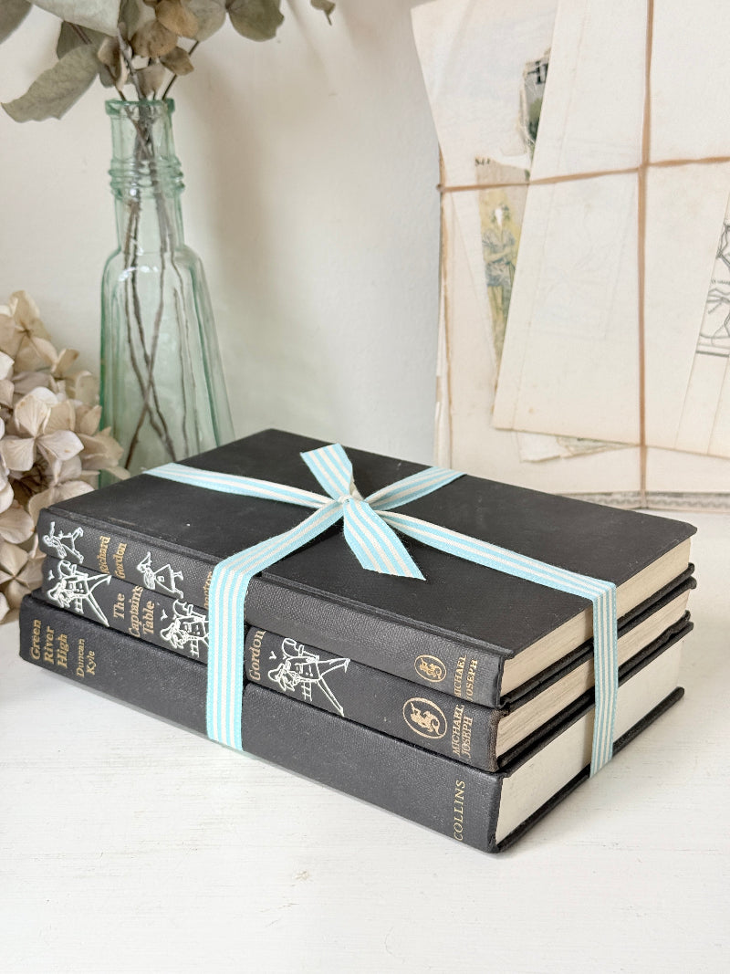 Three antique black books with decorative spines tied with a striped cotton ribbon on a white surface, styled with glass bottles