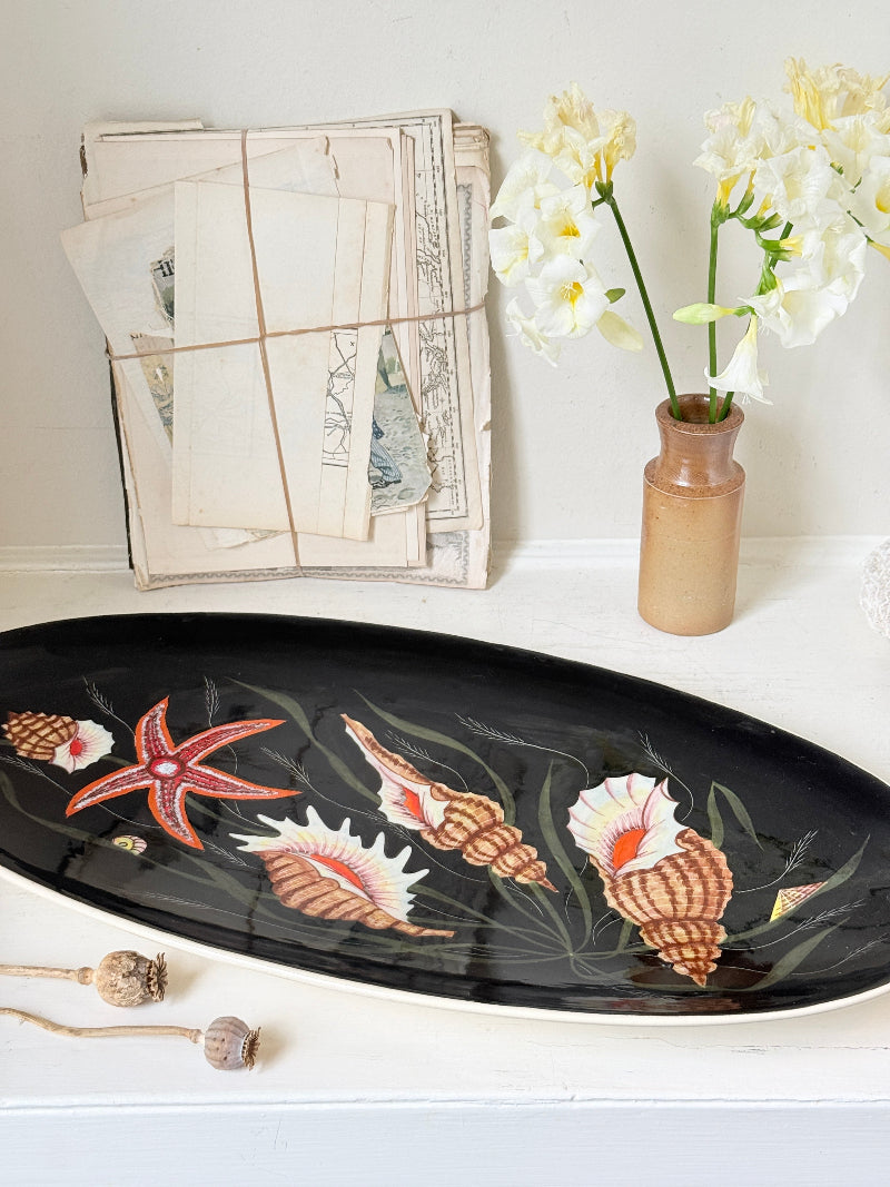 Vintage Henriot Quimper oval faience platter with hand painted seashells, starfish, seaweed and black ground decoration