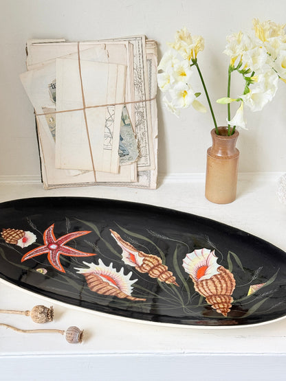 Vintage Henriot Quimper oval faience platter with hand painted seashells, starfish, seaweed and black ground decoration