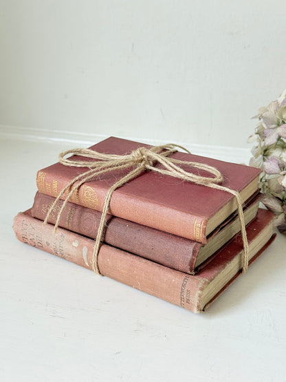Bundle of three vintage books in worn rose and blush tones tied with natural twine, photographed on a white surface