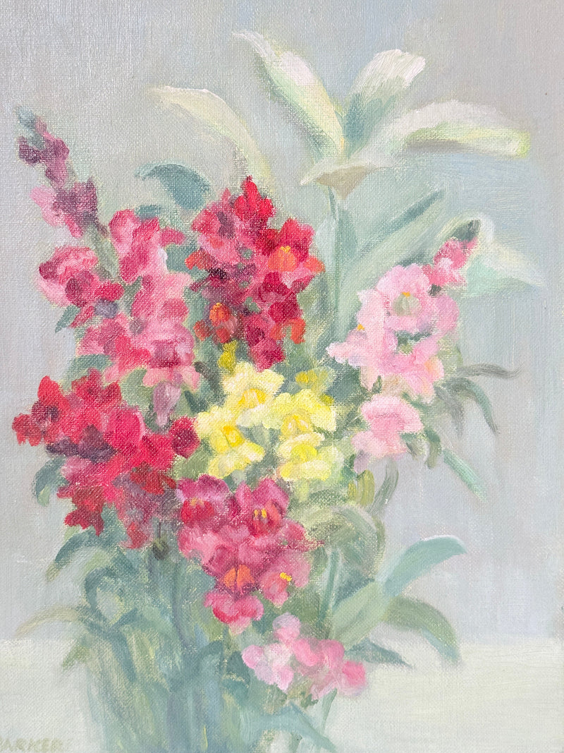 An impressionistic oil painting of a flower bouquet featuring pink, red, and yellow flowers with green leaves against a soft, light gray background.