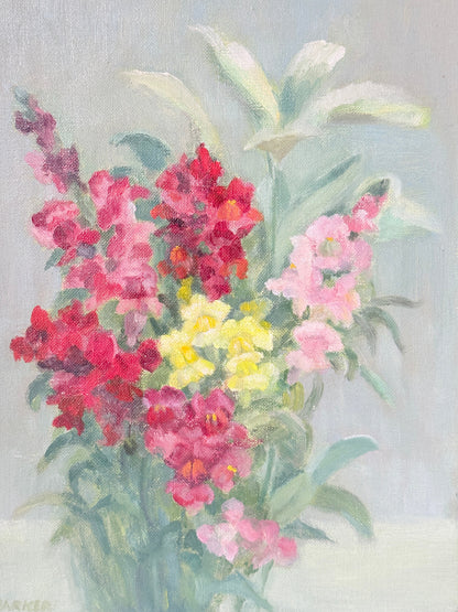 An impressionistic oil painting of a flower bouquet featuring pink, red, and yellow flowers with green leaves against a soft, light gray background.
