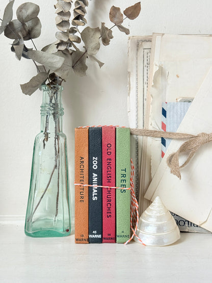 A styled still life featuring a tall translucent teal glass bottle vase with dried eucalyptus branches, a small stack of colorful books, a white seashell, and vintage-style papers tied with twine against a white wall.