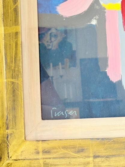 Colourful abstract acrylic painting after Donald Hamilton Fraser in gold frame, photographed on white background