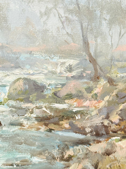 Impressionistic landscape painting of a rocky stream with trees, rendered in soft pastel-like brushstrokes of beige, gray, blue, brown, and muted pink.