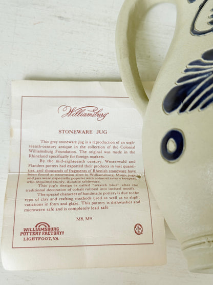 Williamsburg Pottery salt glaze stoneware jug with cobalt blue scratch decoration, handle and original certificate