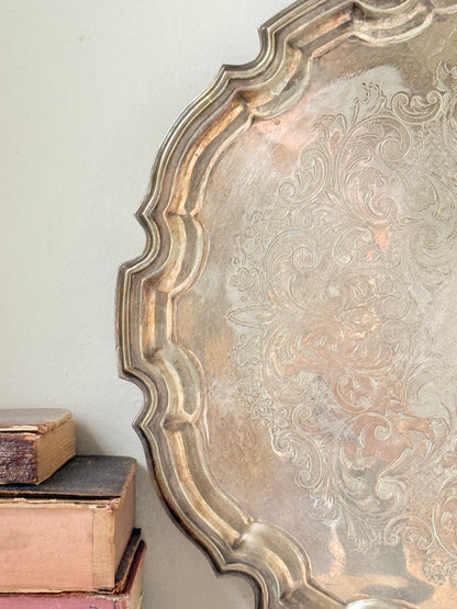 Vintage EPNS silver plate tray made in England with piecrust edge, floral scroll engraving and aged patina