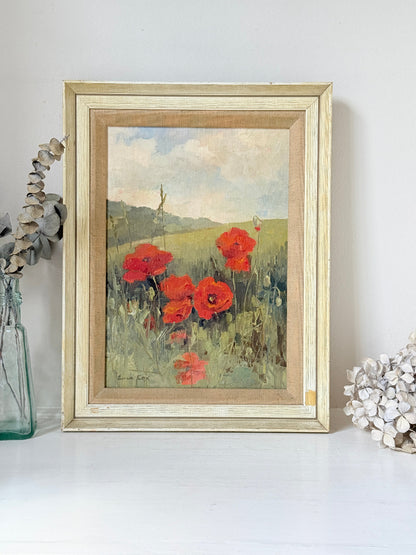 Original oil painting of a red poppy field at Maplescombe Valley in Kent, signed, in a limed wood frame