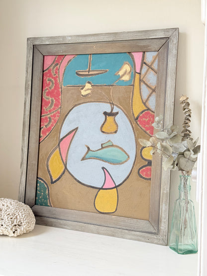 St Ives School style semi abstract still life of a fish and pear on a plate with a boat, in a wood frame