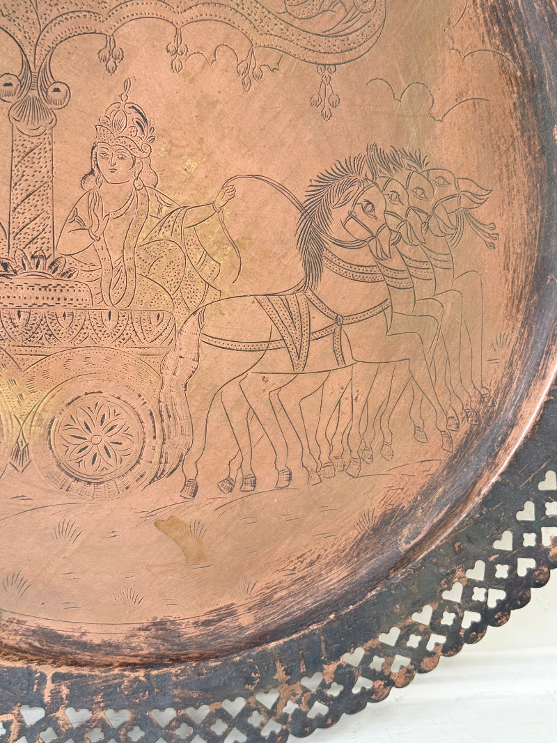 Antique copper tray with pierced gallery rim, figurative horse drawn chariot engraving and two tone aged patina