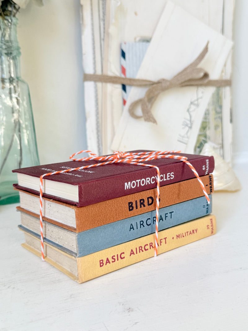 A stack of four vintage-style hardcover books tied with red-and-white striped twine, placed on a white surface with a softly blurred decorative background.
