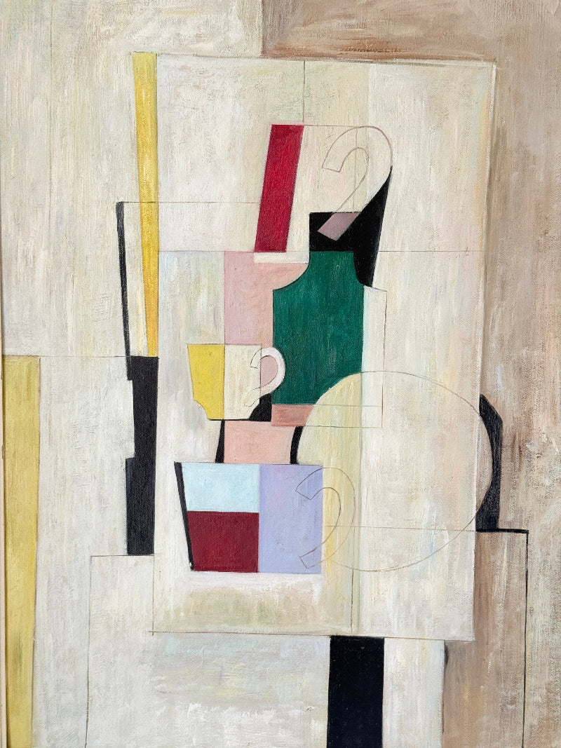 Original oil on board modernist still life with Cubist style vessels, geometric forms and ornate gold cream frame