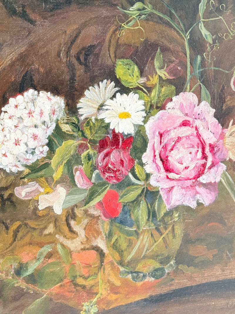 A still life oil painting of a flower bouquet in a glass vase, featuring a large pink rose, white daisies, a red rose, and white flowers with pink centers, set against a dark brown background.