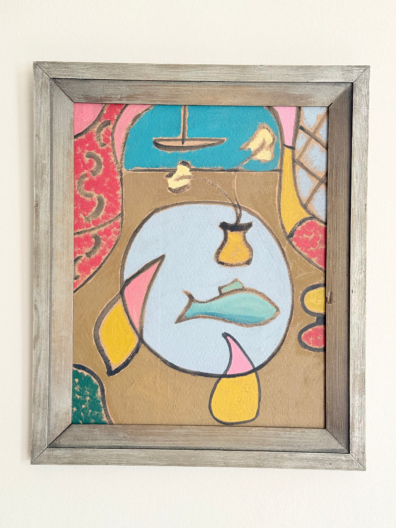 St Ives School mixed media painting on board of semi abstract objects on a table by a coastal window in a grey frame