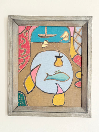 St Ives School mixed media painting on board of semi abstract objects on a table by a coastal window in a grey frame