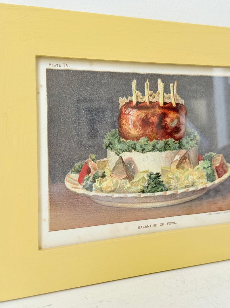 Framed antique Victorian cookery illustration from Cassell’s New Universal Cookery Book showing Galantine of Fowl