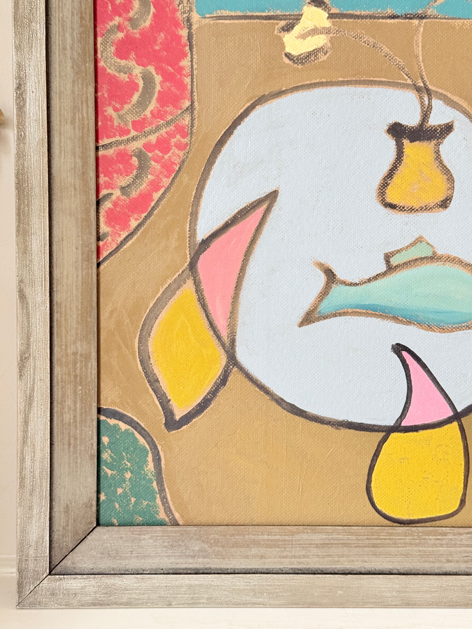 St Ives School style semi abstract still life of a fish and pear on a plate with a boat, in a wood frame