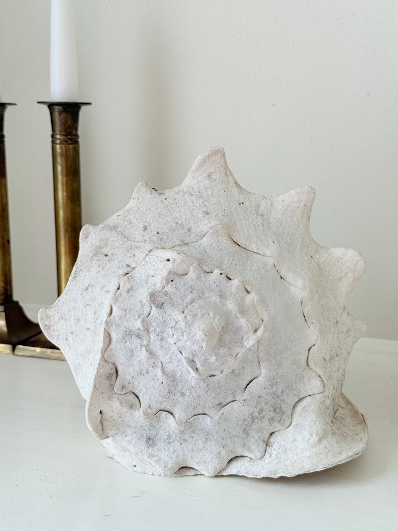 Large vintage Queen Helmet shell with ridged dome and cream tones, styled on a white surface beside brass candlesticks and dried hydrangeas.