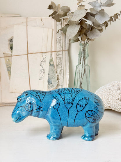 Official Metropolitan Museum William the Hippo reproduction, blue Egyptian figurine with black lotus decoration