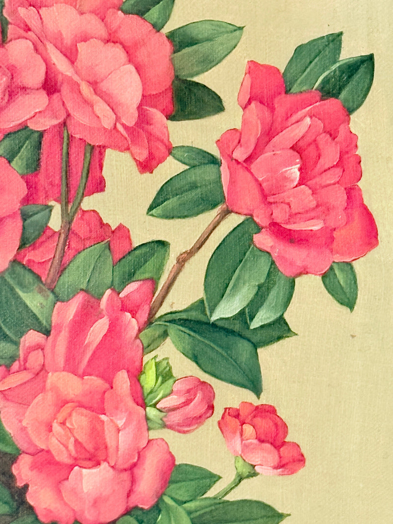 Vintage botanical illustration of vibrant pink flowers and green leaves on a light beige background.