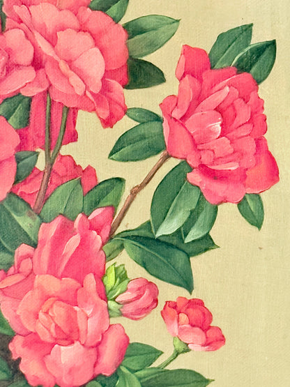 Vintage botanical illustration of vibrant pink flowers and green leaves on a light beige background.