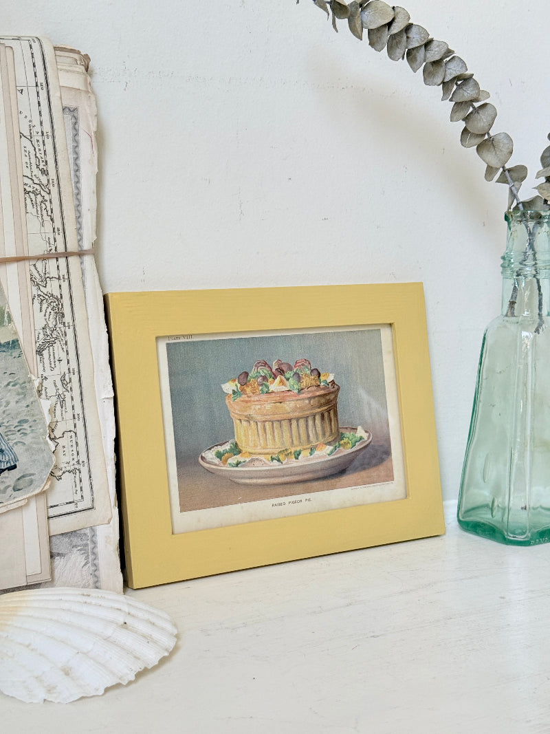 Framed antique Victorian cookery illustration from Cassell’s New Universal Cookery Book showing Raised Pigeon Pie
