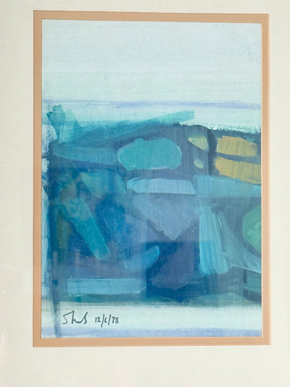 1970s framed abstract watercolour and gouache painting titled Rock Pools St Ives by Shields, photographed on white surface

