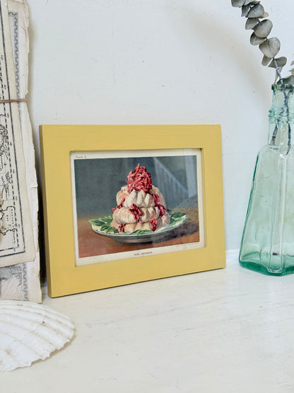 Framed antique Victorian cookery illustration from Cassell’s New Universal Cookery Book showing Rose Meringue dessert
