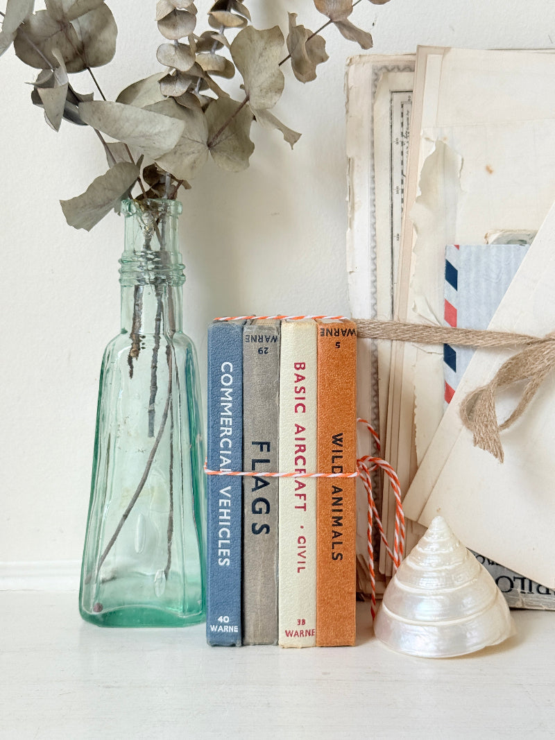 A styled tabletop scene with a translucent teal glass bottle holding dried eucalyptus stems, next to a row of books with visible spines including &