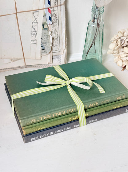 A stack of vintage hardcover books wrapped with a light green and white striped ribbon, styled on a white surface with a glass bottle and dried flowers in the background.