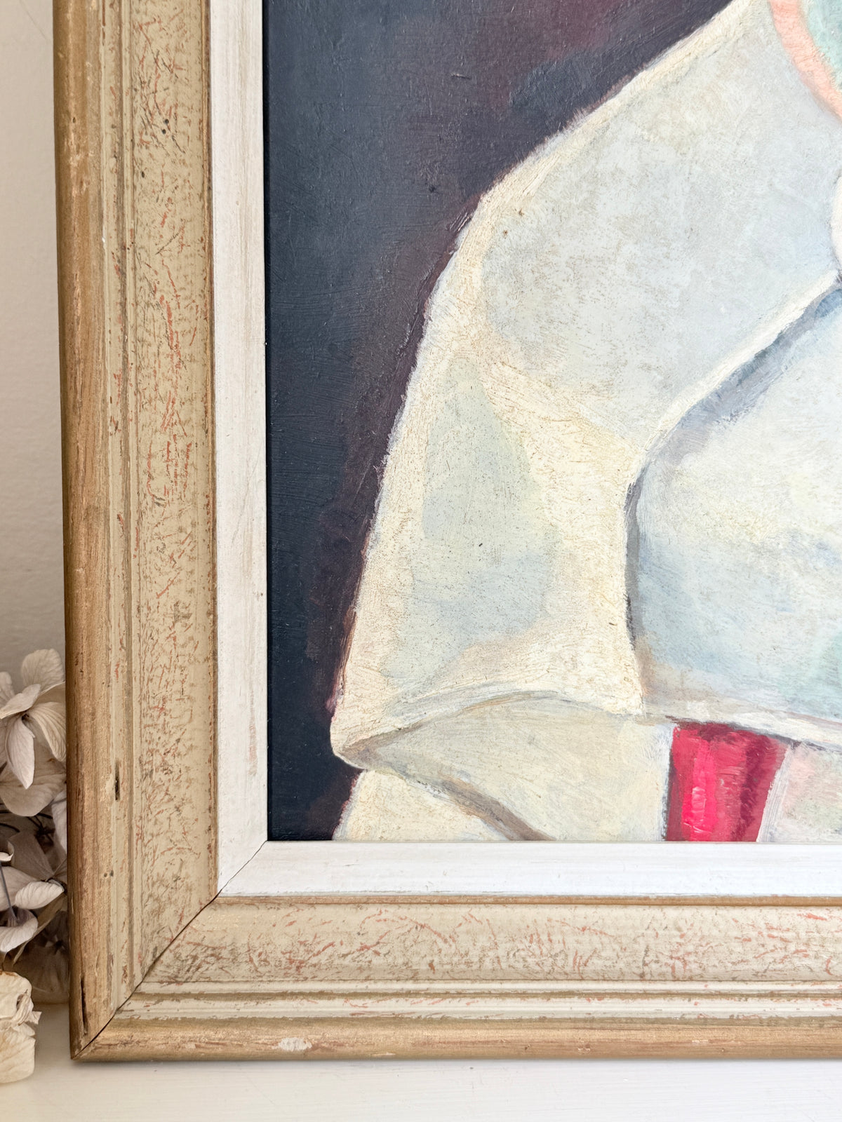 Mid Century Still Life Oil Painting in Jade and Burgundy, Eggs and Pussy Willow