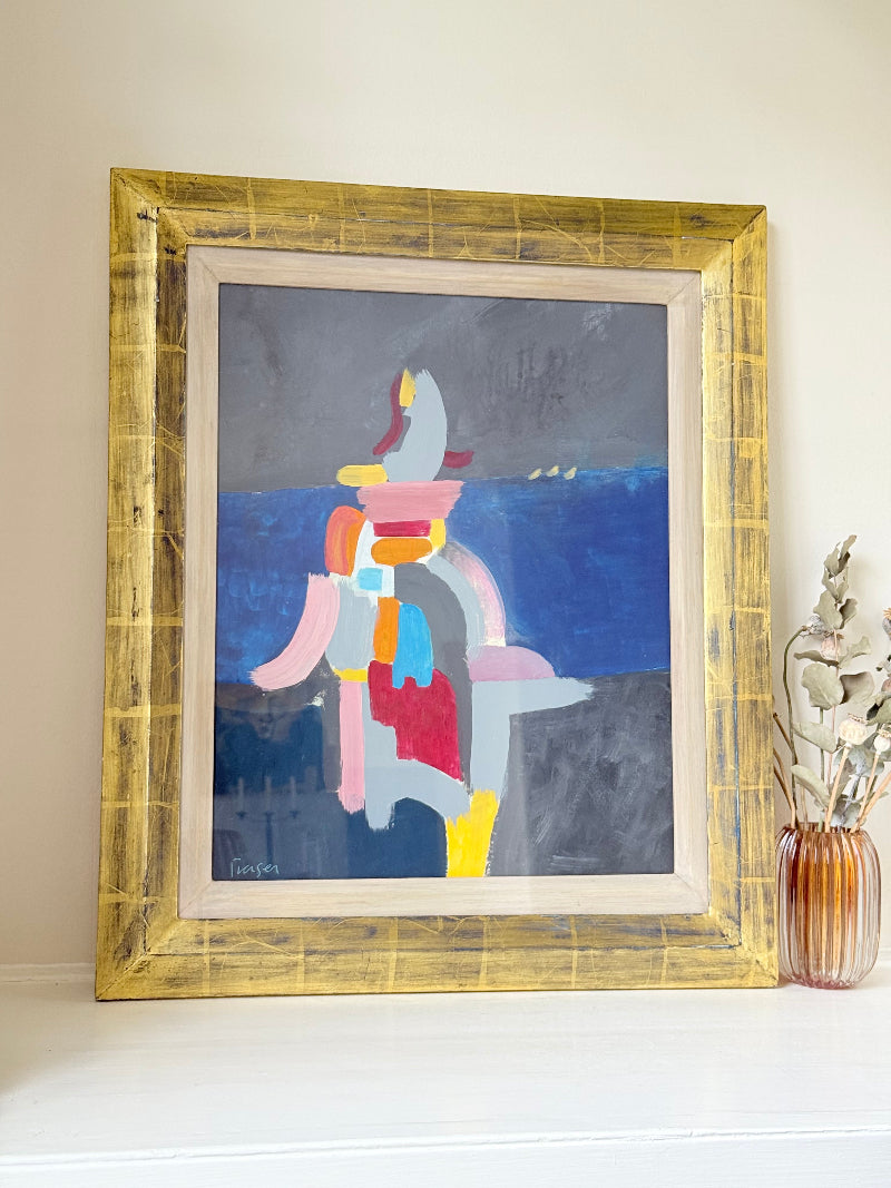 Colourful abstract acrylic painting after Donald Hamilton Fraser in gold frame, photographed on white background