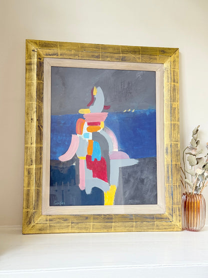 Colourful abstract acrylic painting after Donald Hamilton Fraser in gold frame, photographed on white background