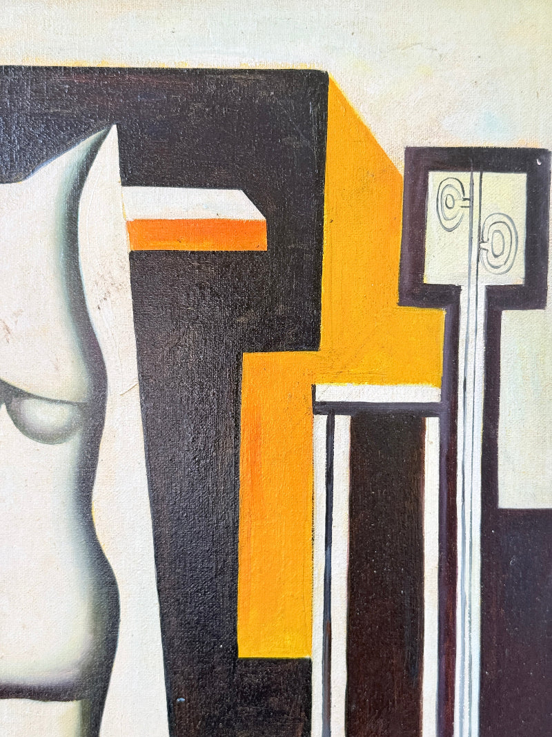 Original oil on canvas laid on board still life after Fernand Léger with plaster mask, coffee pot and pale blue frame