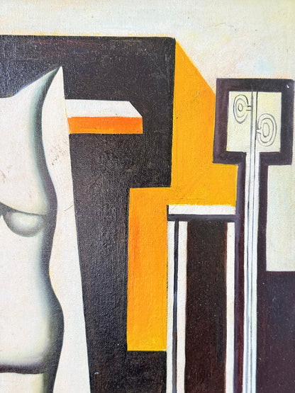 Original oil on canvas laid on board still life after Fernand Léger with plaster mask, coffee pot and pale blue frame