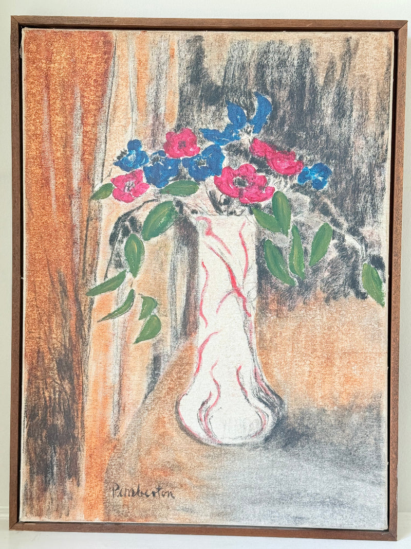 Still life of red and blue anemones in vase, mid-century charcoal and mixed media artwork signed Pemberton