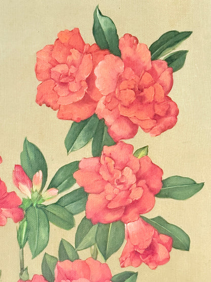Watercolor-style floral artwork showing coral-pink flowers with green leaves on a warm beige background.