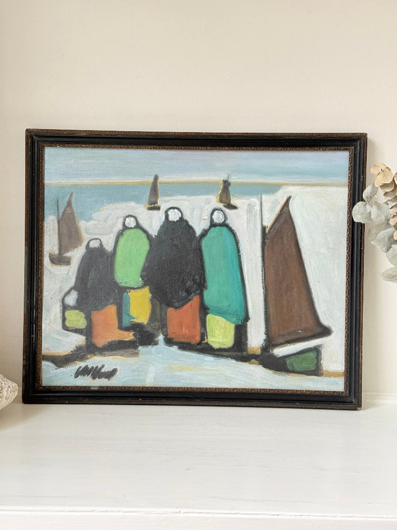 Markey Robinson style signed oil on board of shawled figures and boats in green and orange on a shore