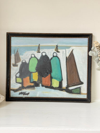 Markey Robinson style signed oil on board of shawled figures and boats in green and orange on a shore