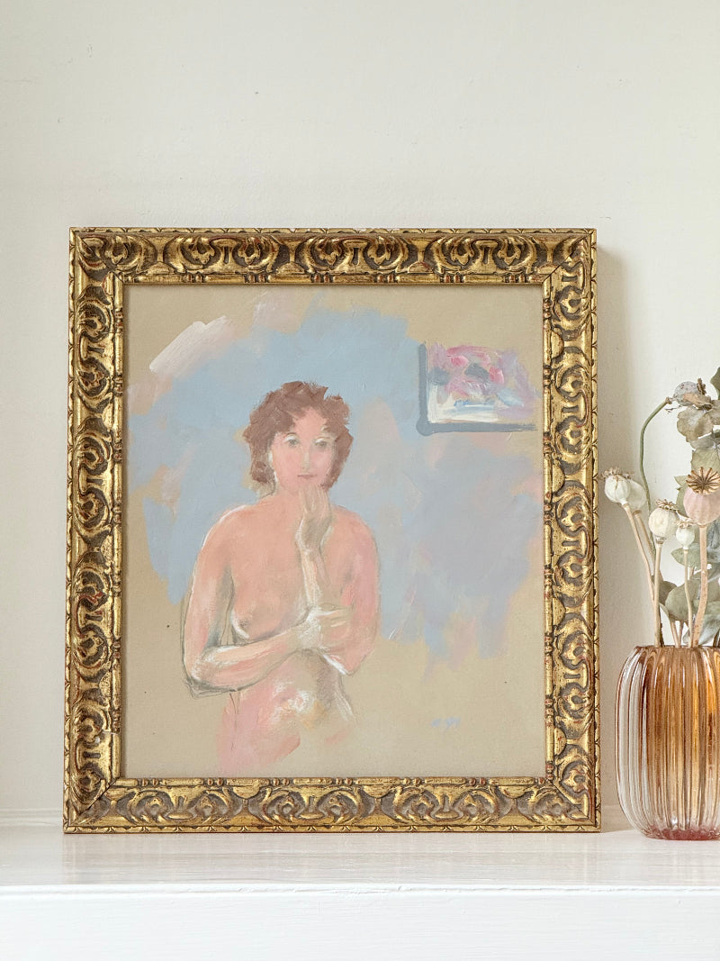 Mid-century oil portrait of woman by Alfred Heywood in gilt frame, photographed on white background
