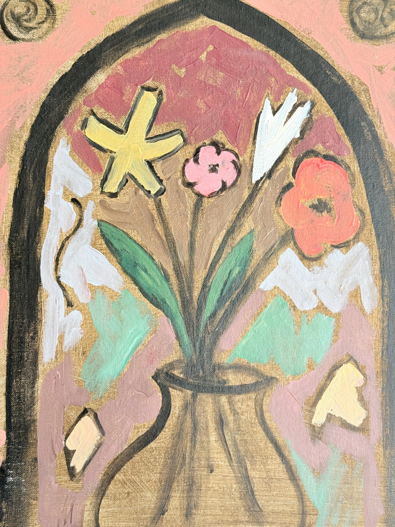 Modern British School oil on board painting of stylised flowers by a gothic arch in a pale frame, photographed against a light wall
