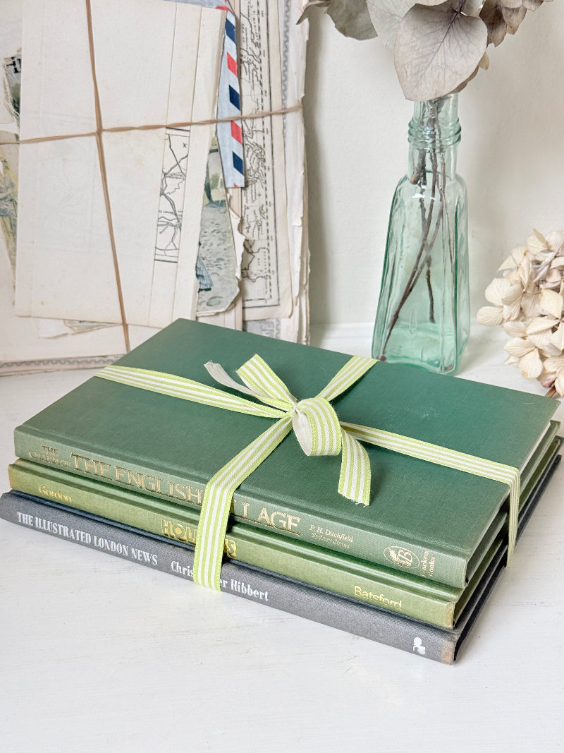 A stack of vintage hardcover books wrapped with a light green and white striped ribbon, styled on a white surface with a glass bottle and dried flowers in the background.