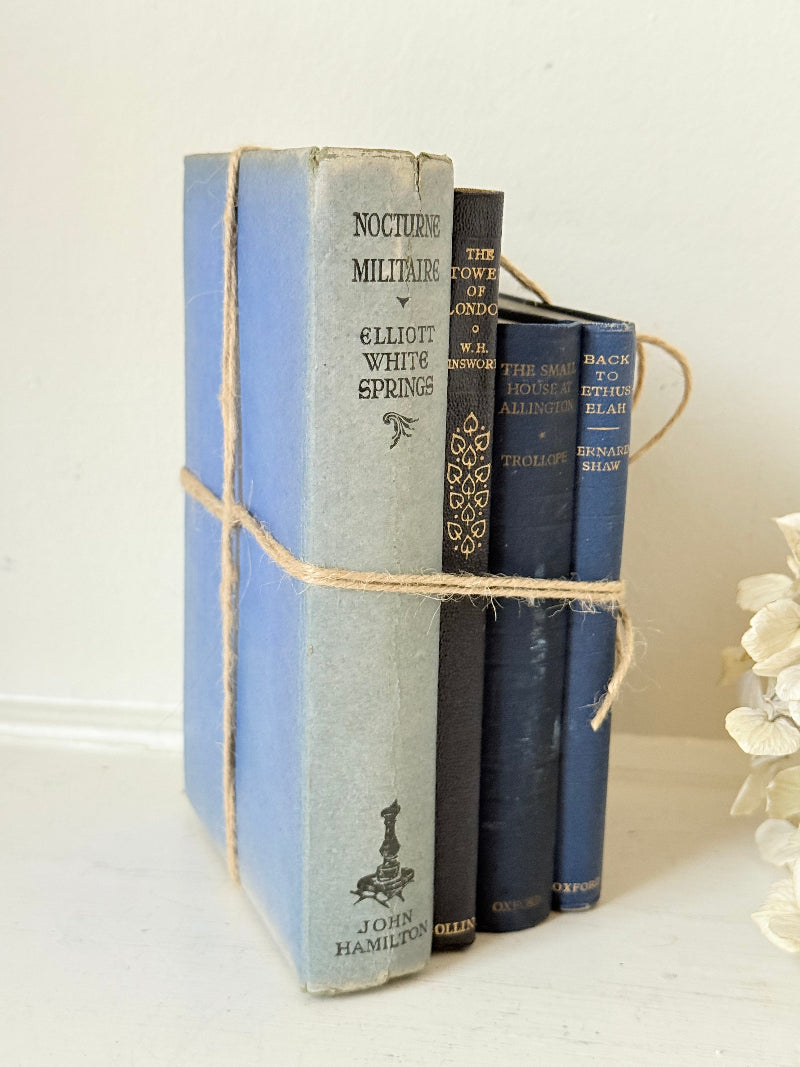 Vintage decorative book bundle in navy, grey, and cream tied with twine, photographed on a white surface