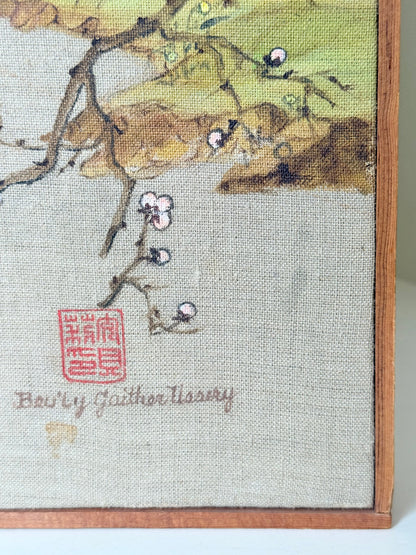 Vintage Chinese watercolour landscape on canvas with tree, mountains and blossom, photographed on white surface