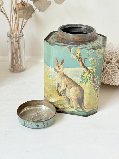 Vintage Bushells metal tea box featuring kangaroo, koala, and emu illustrations photographed on a white surface.