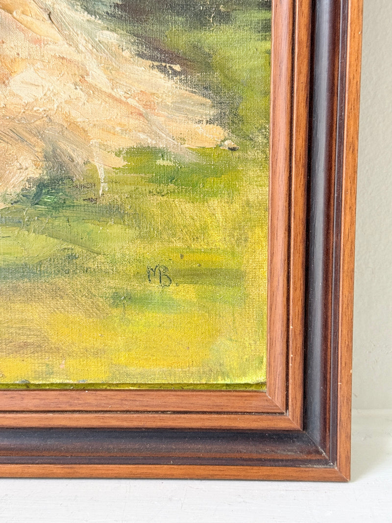 Oil on board portrait of a black and golden long haired dog on grass by Muriel Hester Broughton