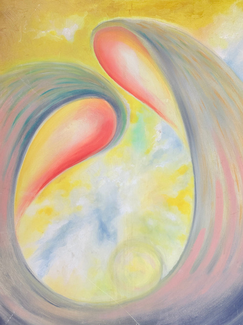 Abstract oil painting on canvas in yellow, pink and grey tones, photographed upright on a white surface.